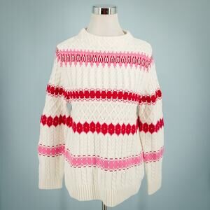 Talbots Size Large L Ivory Pink Red Nordic Fair Isle Mock Neck Cotton Sweater